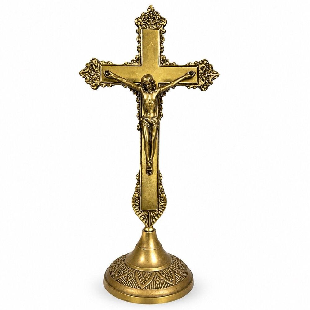 Brass Jesus Crucifix Cross with Base, Traditional Catholic Religious Decor 10.5”